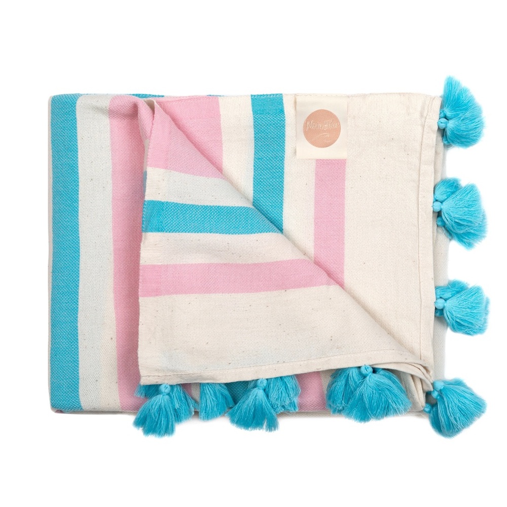 NWOT Nova Blue Pink Striped Turkish Towel pack of 2, pink/blue w/tassels